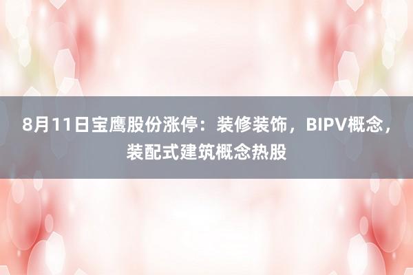 8月11日宝鹰股份涨停：装修装饰，BIPV概念，装配式建筑概念热股